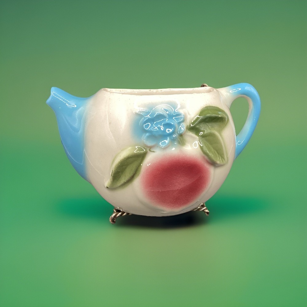 Vintage 1950's Pottery Teapot Wall Pocket Planter Fruit & Floral Ceramic